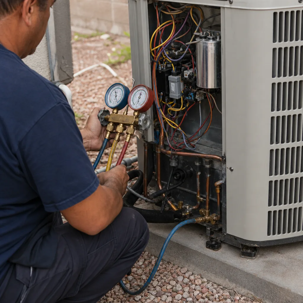 HVAC technician using manifold gauges for professional air conditioning system installation