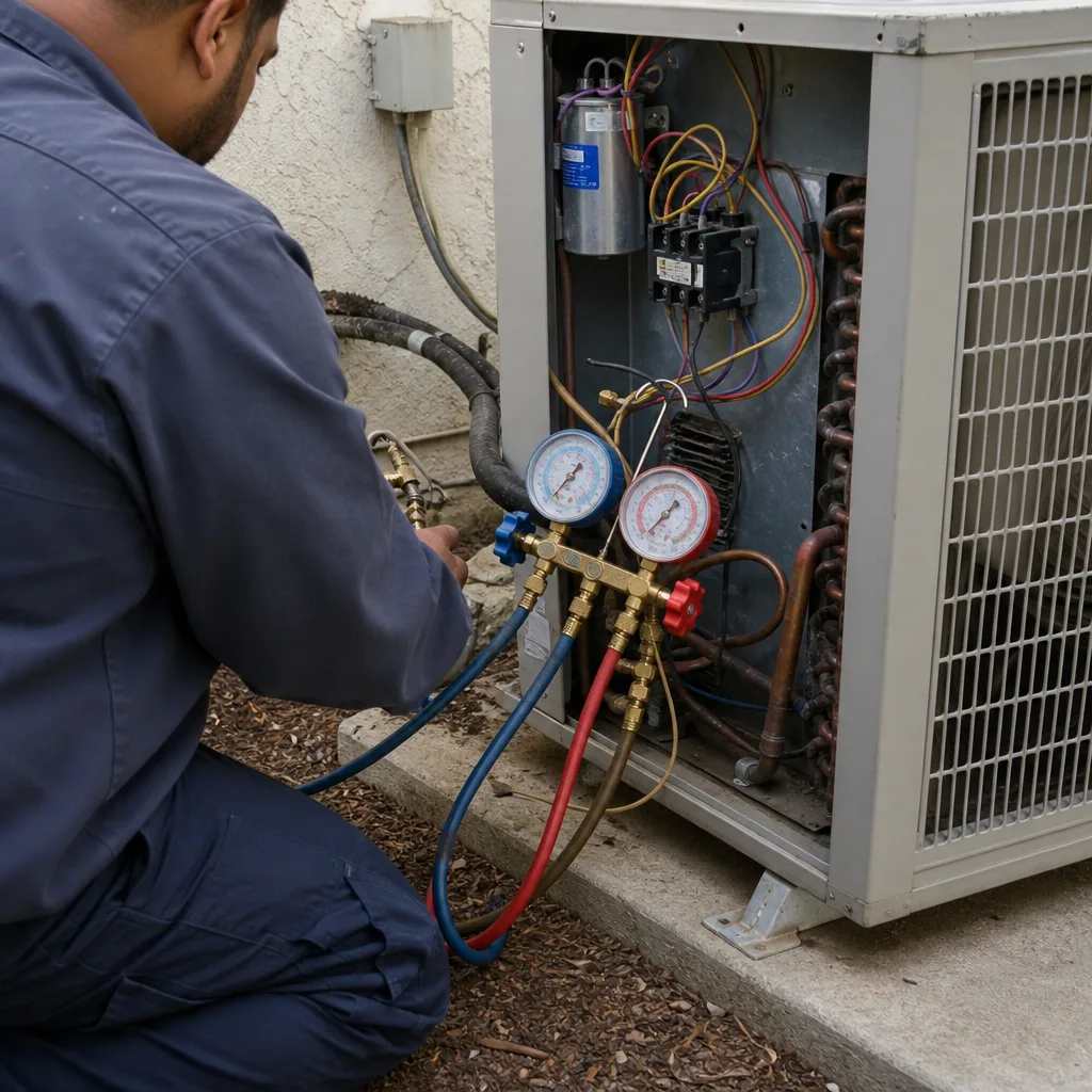 HVAC technician performing professional air conditioning installation and system maintenance