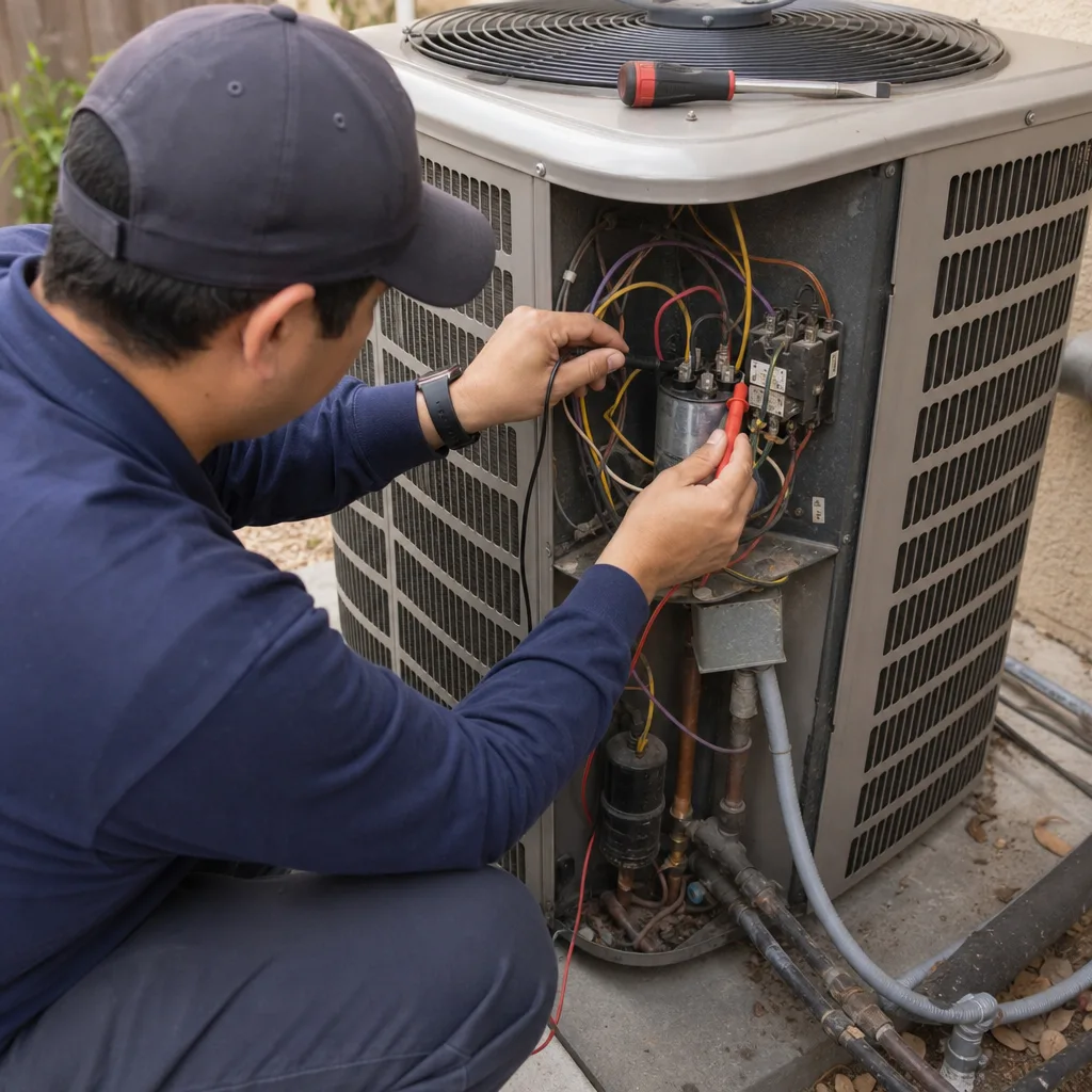 HVAC technician using a multimeter to repair an outdoor AC unit