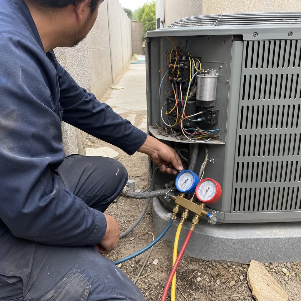 HVAC technician performing professional air conditioning repair and maintenance service